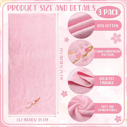 3 Pcs Floral Hand Towels Set 100% Cotton White Pink Cherry Blossom Towel Sakura Embroidered Decorative Spring Summer Soft Absorbent Bath Towels Housewarming Gifts for Spa Guest Kitchen Bathroom