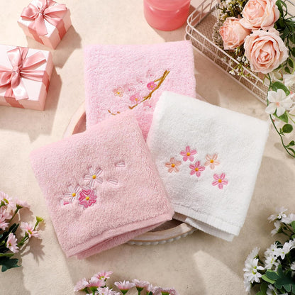 3 Pcs Floral Hand Towels Set 100% Cotton White Pink Cherry Blossom Towel Sakura Embroidered Decorative Spring Summer Soft Absorbent Bath Towels Housewarming Gifts for Spa Guest Kitchen Bathroom