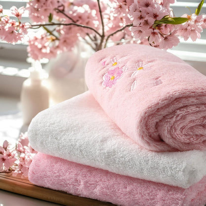 3 Pcs Floral Hand Towels Set 100% Cotton White Pink Cherry Blossom Towel Sakura Embroidered Decorative Spring Summer Soft Absorbent Bath Towels Housewarming Gifts for Spa Guest Kitchen Bathroom