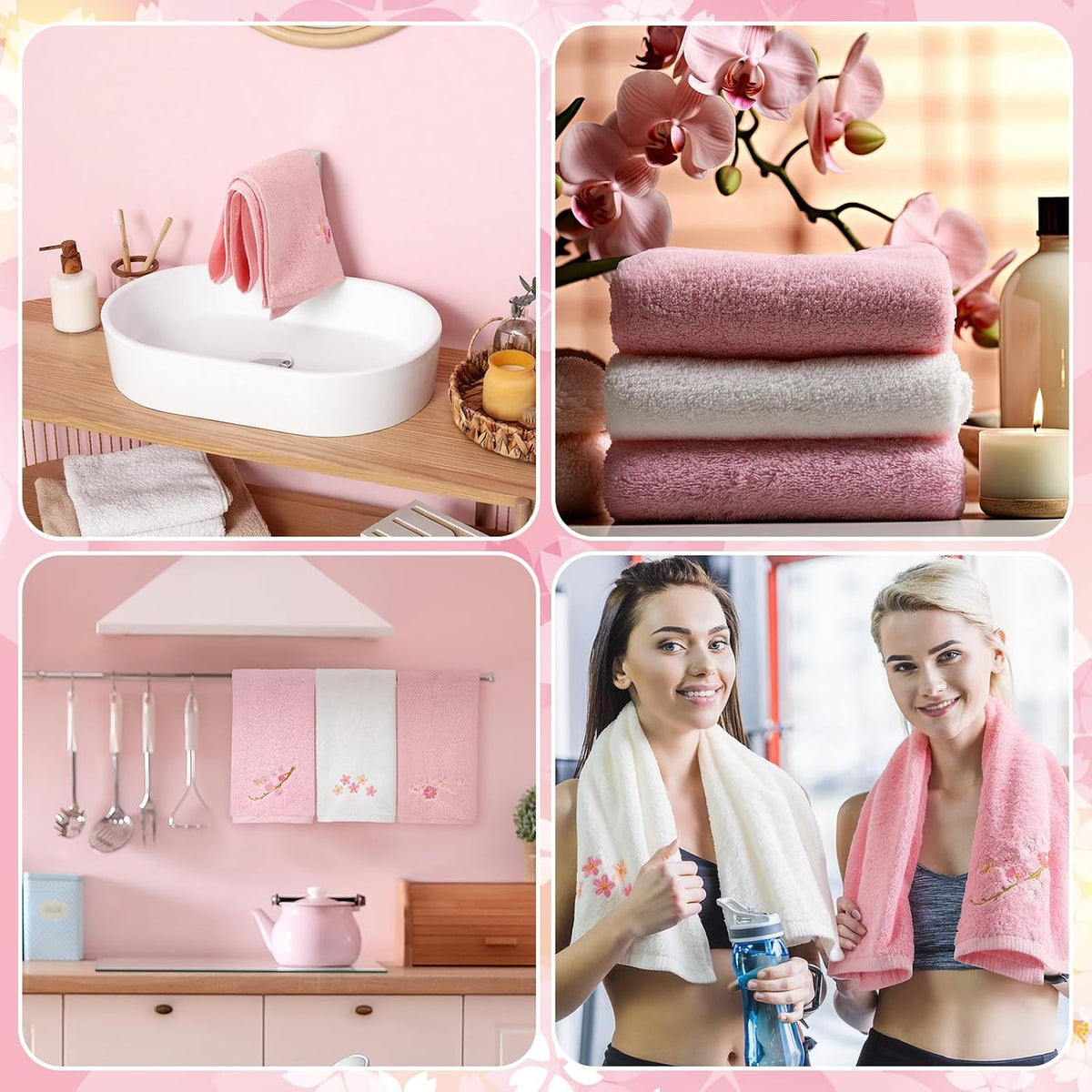 3 Pcs Floral Hand Towels Set 100% Cotton White Pink Cherry Blossom Towel Sakura Embroidered Decorative Spring Summer Soft Absorbent Bath Towels Housewarming Gifts for Spa Guest Kitchen Bathroom
