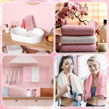 3 Pcs Floral Hand Towels Set 100% Cotton White Pink Cherry Blossom Towel Sakura Embroidered Decorative Spring Summer Soft Absorbent Bath Towels Housewarming Gifts for Spa Guest Kitchen Bathroom