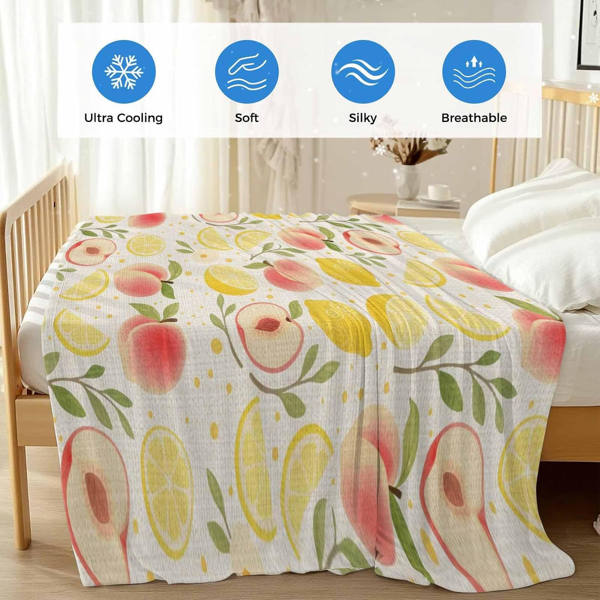 Cooling Blanket for Hot Sleepers, Summer Fruit Soft Breathable Cool Summer Blanket for Night Sweats, Spring Botanical Lemon Peach Rustic Lightweight Ice Silk Sofa Throw Blankets All Season 30"x40"
