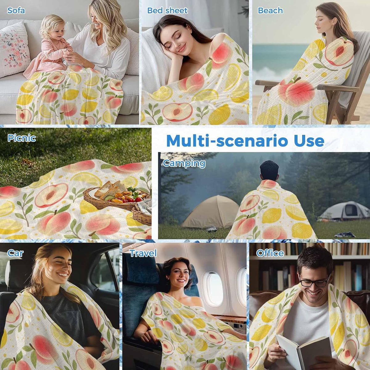Cooling Blanket for Hot Sleepers, Summer Fruit Soft Breathable Cool Summer Blanket for Night Sweats, Spring Botanical Lemon Peach Rustic Lightweight Ice Silk Sofa Throw Blankets All Season 30"x40"