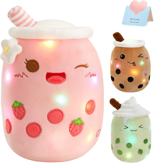 Light Up Strawberry Boba Tea Soft Plush Pillow 10" Kawaii Milky