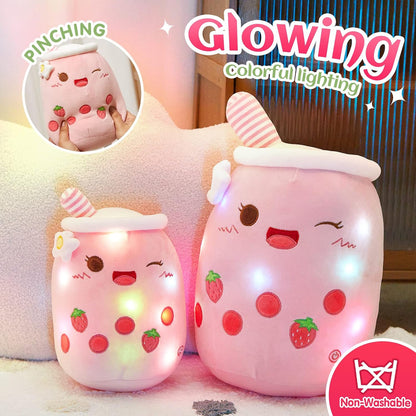 Light Up Strawberry Boba Tea Soft Plush Pillow 10" Kawaii Milky