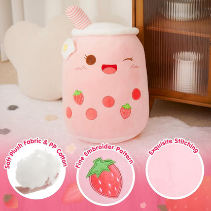 Light Up Strawberry Boba Tea Soft Plush Pillow 10" Kawaii Milky