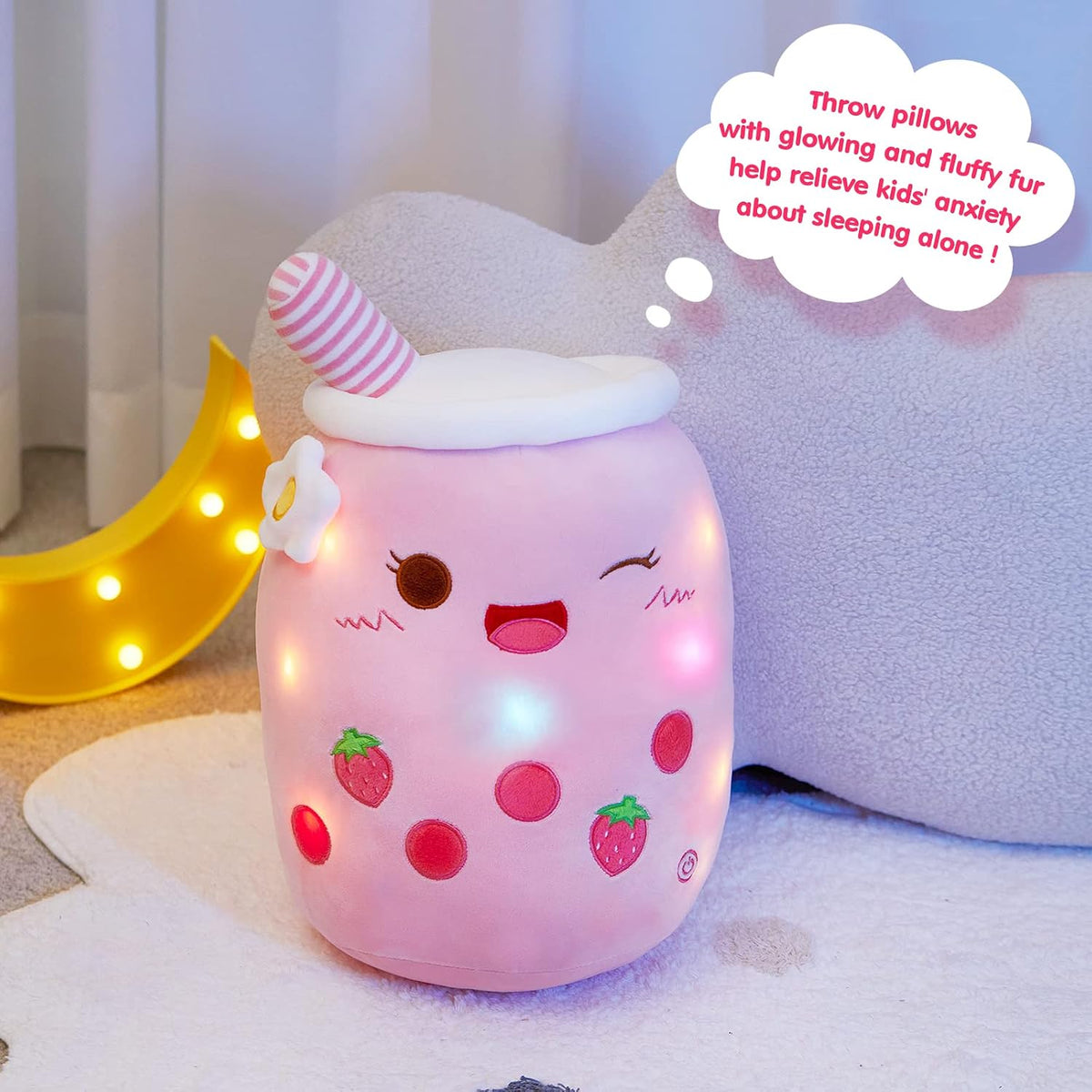Light Up Strawberry Boba Tea Soft Plush Pillow 10" Kawaii Milky