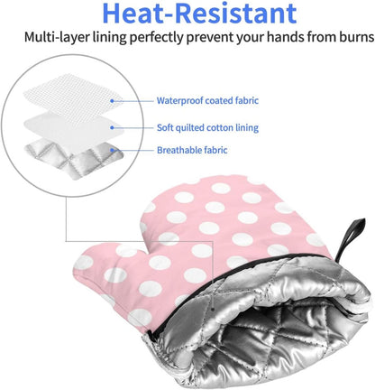 Light Pink Polka Dot Print Oven Mitts for Women, 2 Pack Cute Kitchen aid Oven Mitts Heat Resistant Gloves with Cotton Lining