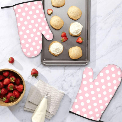 Light Pink Polka Dot Print Oven Mitts for Women, 2 Pack Cute Kitchen aid Oven Mitts Heat Resistant Gloves with Cotton Lining