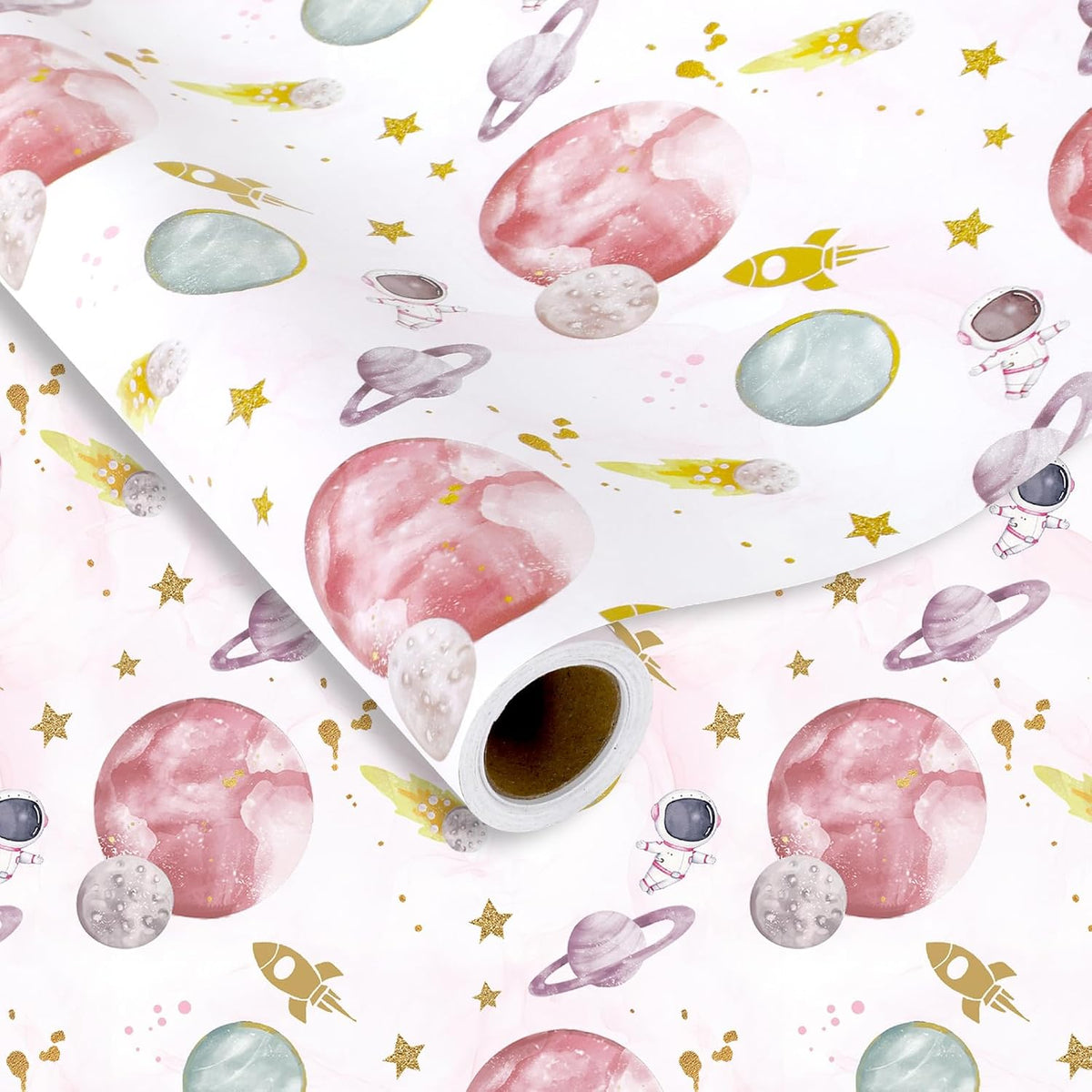Outer Space Wrapping Paper -Mini Roll- 17 In x 32.8 Ft First Trip Around The Sun Wrap Paper Pink Galaxy Star Craft Papers for Baby Shower Girls Birthday Party Gift Packing Supplies