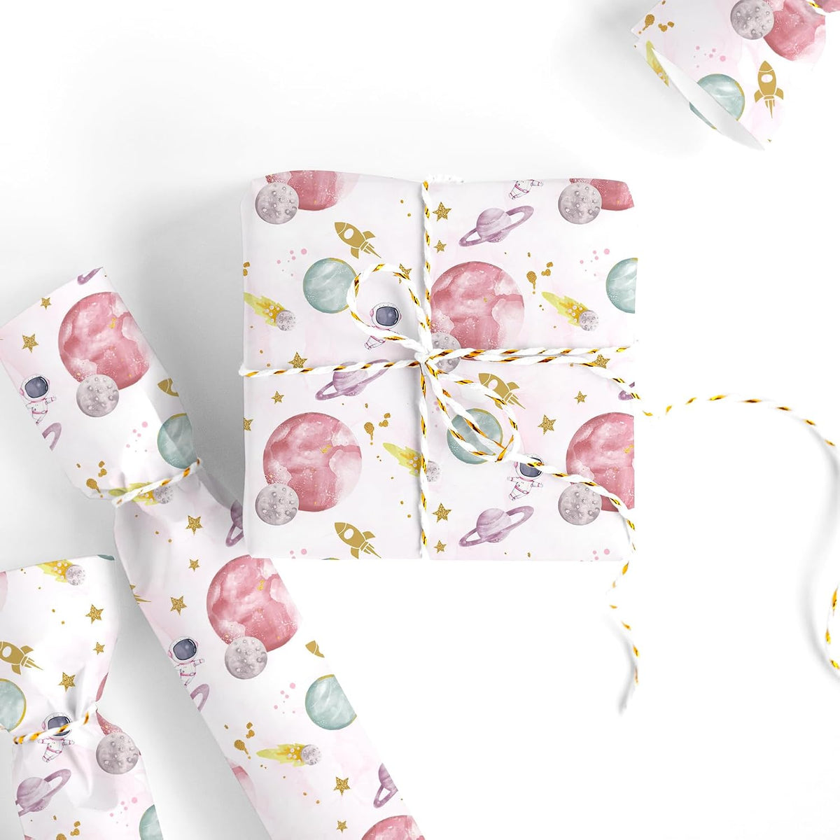 Outer Space Wrapping Paper -Mini Roll- 17 In x 32.8 Ft First Trip Around The Sun Wrap Paper Pink Galaxy Star Craft Papers for Baby Shower Girls Birthday Party Gift Packing Supplies