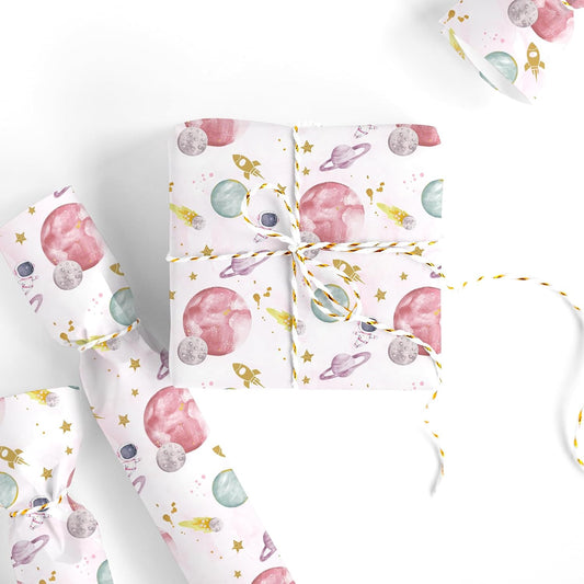 Outer Space Wrapping Paper -Mini Roll- 17 In x 32.8 Ft First Trip Around The Sun Wrap Paper Pink Galaxy Star Craft Papers for Baby Shower Girls Birthday Party Gift Packing Supplies