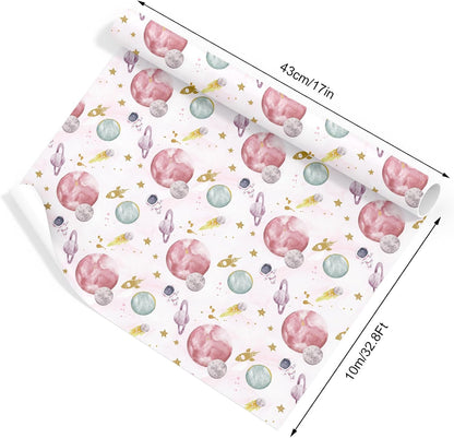 Outer Space Wrapping Paper -Mini Roll- 17 In x 32.8 Ft First Trip Around The Sun Wrap Paper Pink Galaxy Star Craft Papers for Baby Shower Girls Birthday Party Gift Packing Supplies