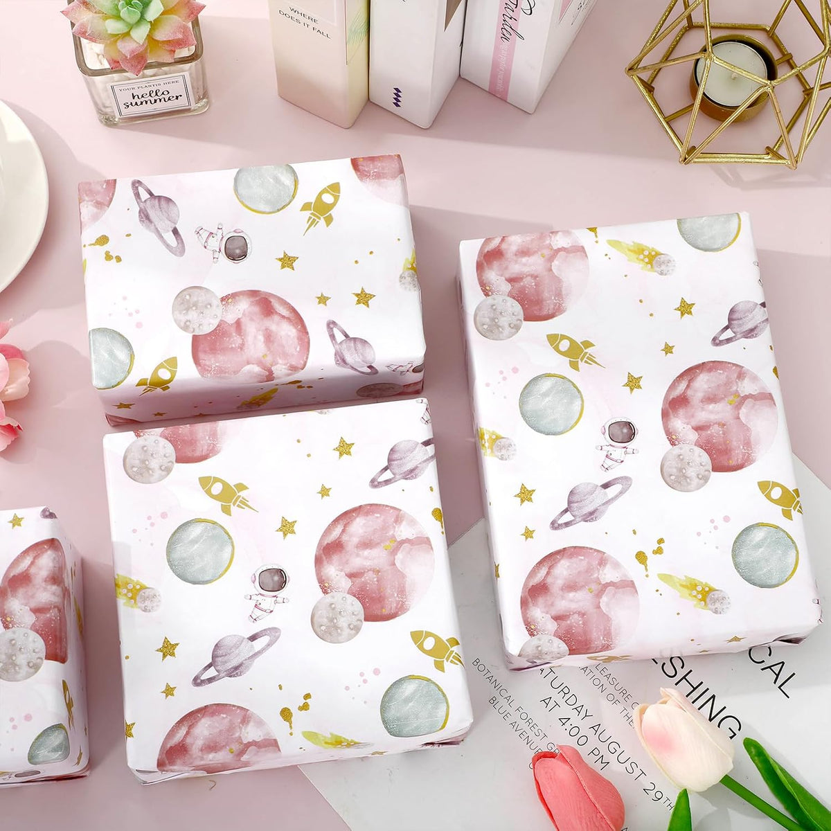 Outer Space Wrapping Paper -Mini Roll- 17 In x 32.8 Ft First Trip Around The Sun Wrap Paper Pink Galaxy Star Craft Papers for Baby Shower Girls Birthday Party Gift Packing Supplies