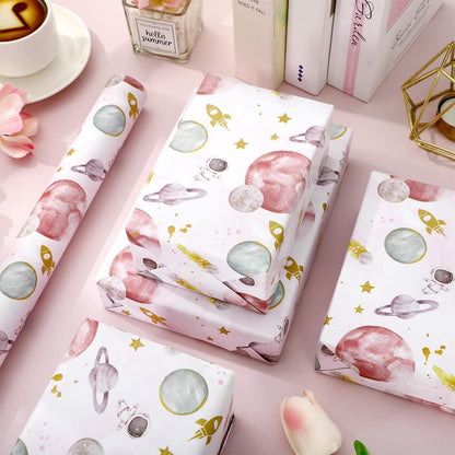 Outer Space Wrapping Paper -Mini Roll- 17 In x 32.8 Ft First Trip Around The Sun Wrap Paper Pink Galaxy Star Craft Papers for Baby Shower Girls Birthday Party Gift Packing Supplies