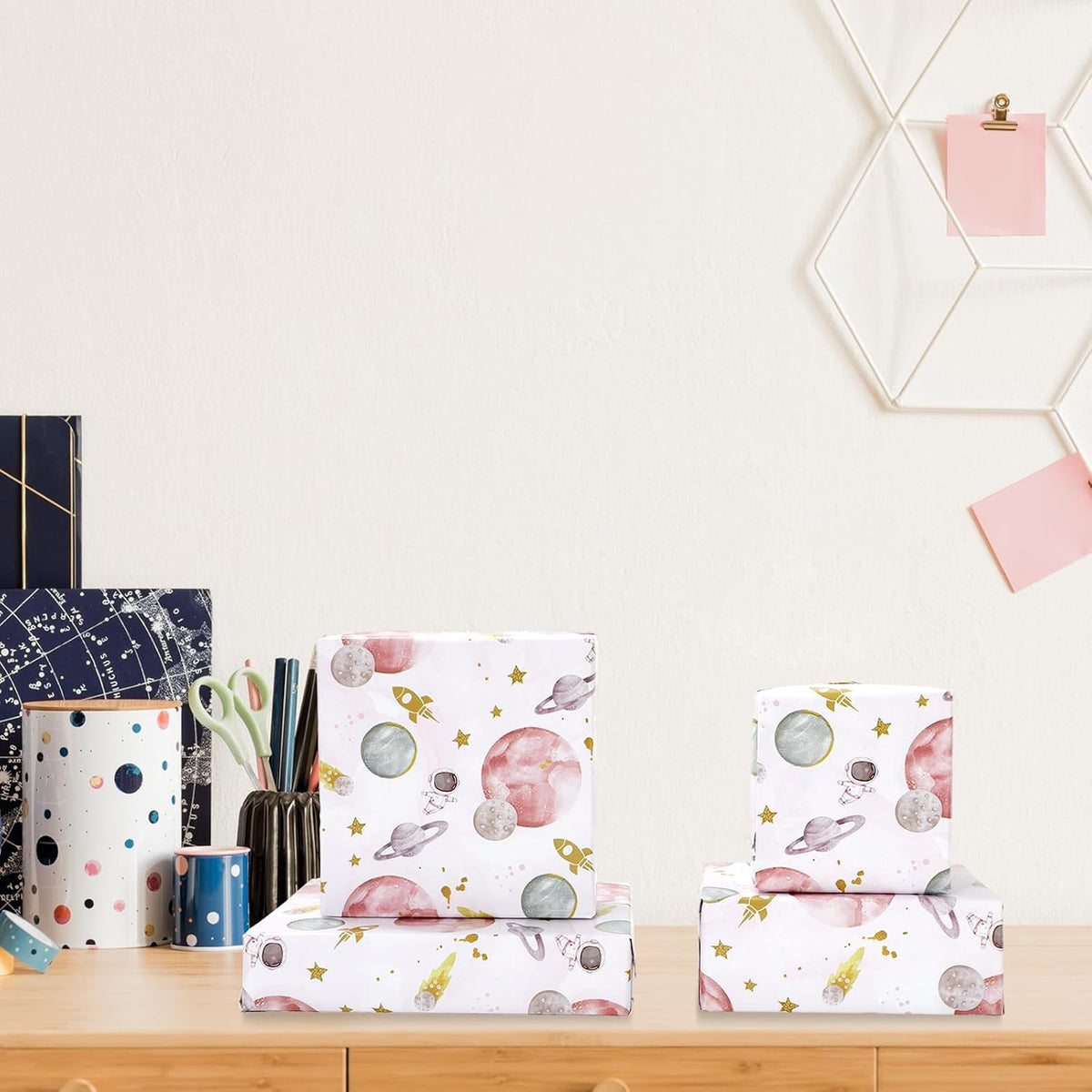 Outer Space Wrapping Paper -Mini Roll- 17 In x 32.8 Ft First Trip Around The Sun Wrap Paper Pink Galaxy Star Craft Papers for Baby Shower Girls Birthday Party Gift Packing Supplies
