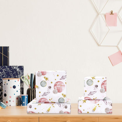 Outer Space Wrapping Paper -Mini Roll- 17 In x 32.8 Ft First Trip Around The Sun Wrap Paper Pink Galaxy Star Craft Papers for Baby Shower Girls Birthday Party Gift Packing Supplies