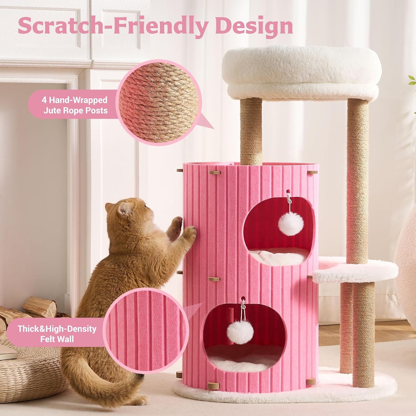 Modern Cat Tree for Indoor Small & Medium Cats, 36" Cat Tower with Scratching Posts, 2 Cozy Cat Caves, Top Perch, Dangling Balls, Washable Cushions, Space-Saving Cat Condo, Pink