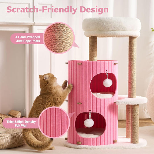 Modern Cat Tree for Indoor Small & Medium Cats, 36" Cat Tower with Scratching Posts, 2 Cozy Cat Caves, Top Perch, Dangling Balls, Washable Cushions, Space-Saving Cat Condo, Pink