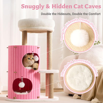 Modern Cat Tree for Indoor Small & Medium Cats, 36" Cat Tower with Scratching Posts, 2 Cozy Cat Caves, Top Perch, Dangling Balls, Washable Cushions, Space-Saving Cat Condo, Pink