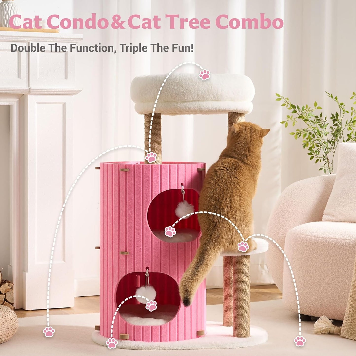 Modern Cat Tree for Indoor Small & Medium Cats, 36" Cat Tower with Scratching Posts, 2 Cozy Cat Caves, Top Perch, Dangling Balls, Washable Cushions, Space-Saving Cat Condo, Pink