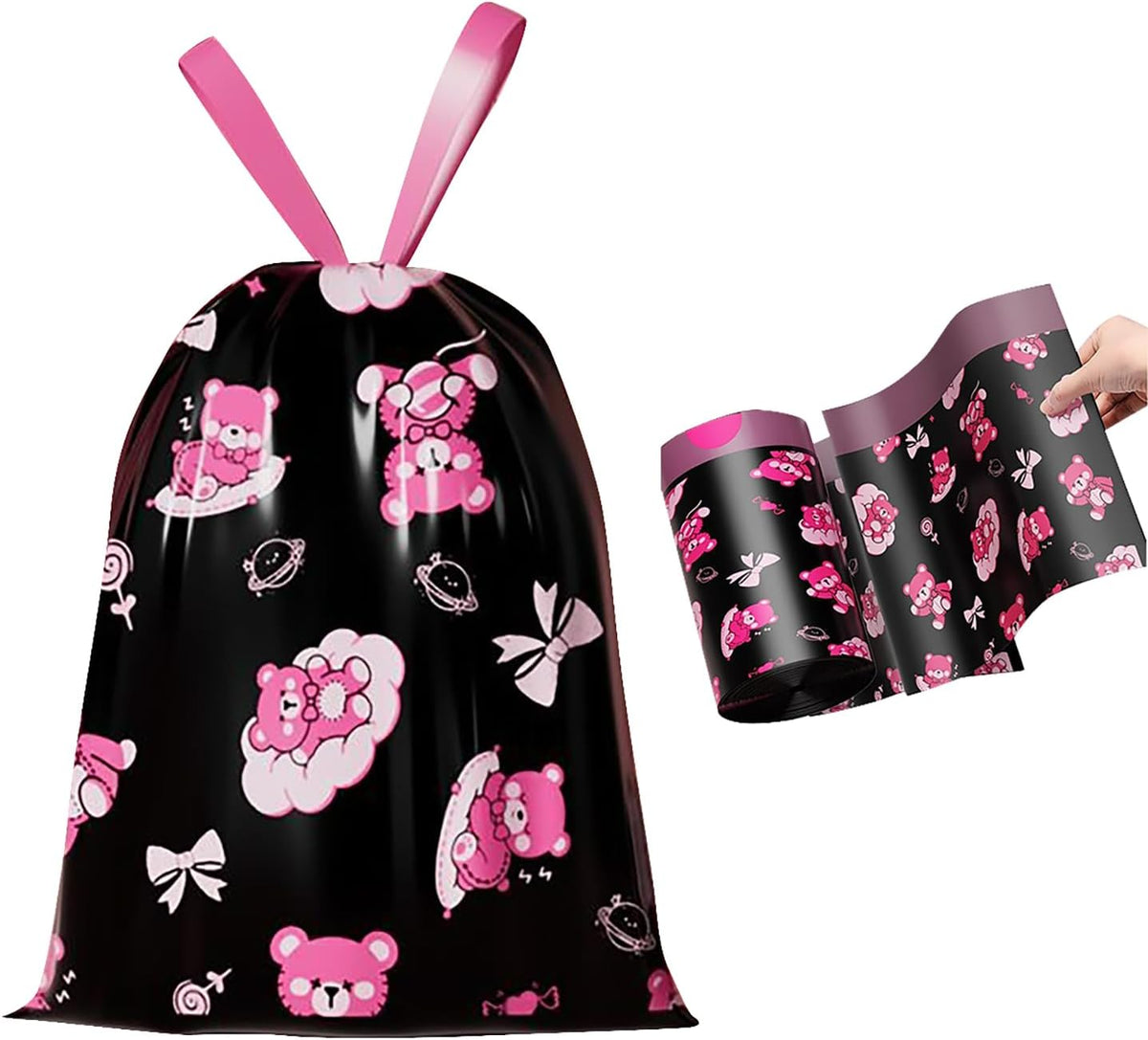 50pcs 4 Gallon Trash Bags Drawstring Tear-Free Separated Plastic Can Liner for Bathroom Office Home Bedroom Small Garbage Basket Bags (Black Pink, 50Counts)