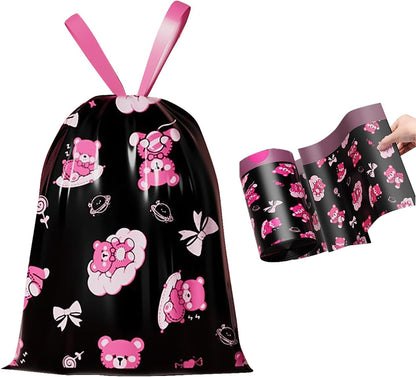 50pcs 4 Gallon Trash Bags Drawstring Tear-Free Separated Plastic Can Liner for Bathroom Office Home Bedroom Small Garbage Basket Bags (Black Pink, 50Counts)