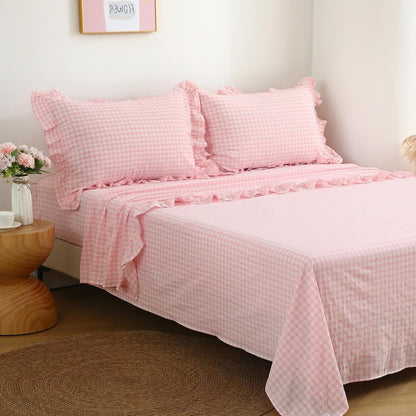 Peach Blush White Gingham Ruffle Sheets Full Size 4-Piece Set