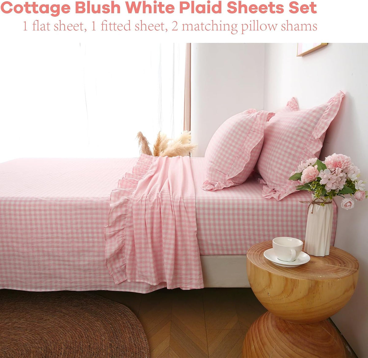 Peach Blush White Gingham Ruffle Sheets Full Size 4-Piece Set