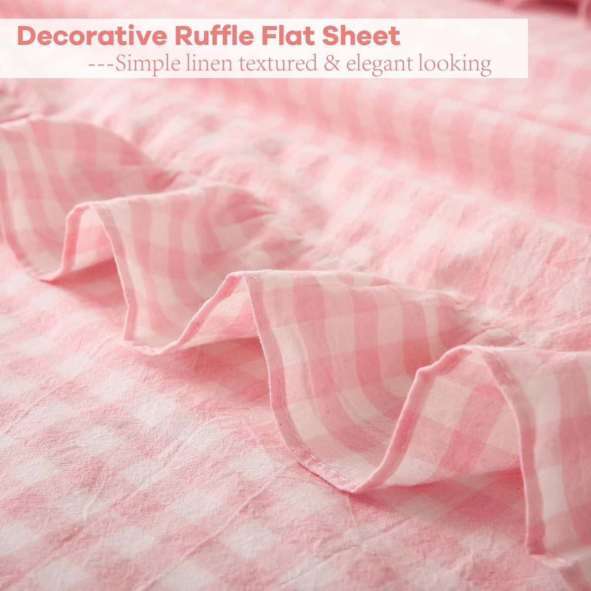 Peach Blush White Gingham Ruffle Sheets Full Size 4-Piece Set