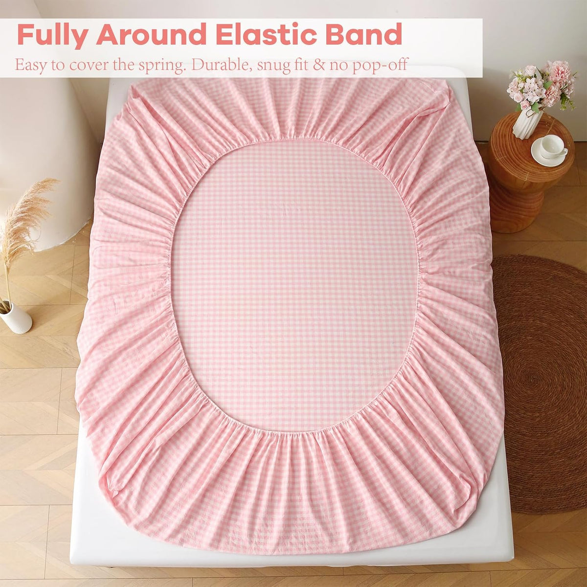 Peach Blush White Gingham Ruffle Sheets Full Size 4-Piece Set