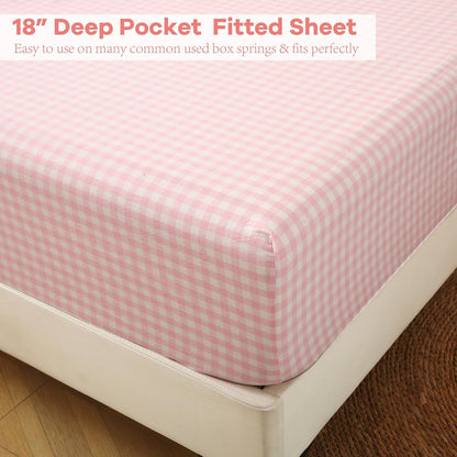 Peach Blush White Gingham Ruffle Sheets Full Size 4-Piece Set