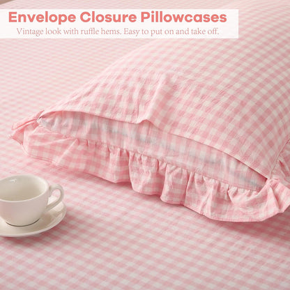 Peach Blush White Gingham Ruffle Sheets Full Size 4-Piece Set
