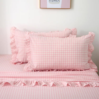 Peach Blush White Gingham Ruffle Sheets Full Size 4-Piece Set