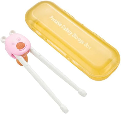 Adjustable Length Cute Bear Design Kids Training Chopsticks, BPA-Free Plastic Dishwasher Safe Utensils for Children, Easy Learning for Beginners (Pink)