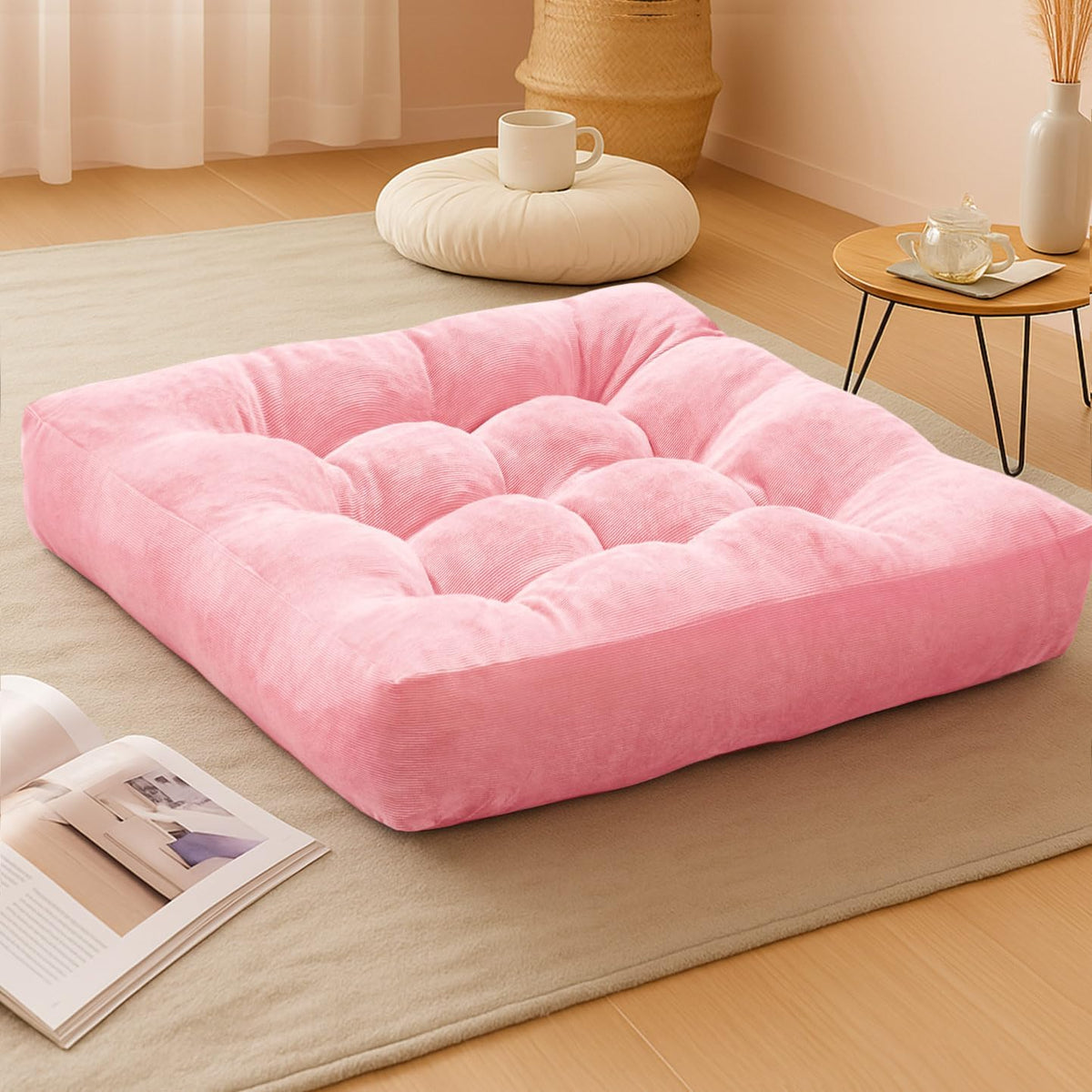 Large Floor Pillows for Adults, Square Meditation Cushion, 22 Inch Pink