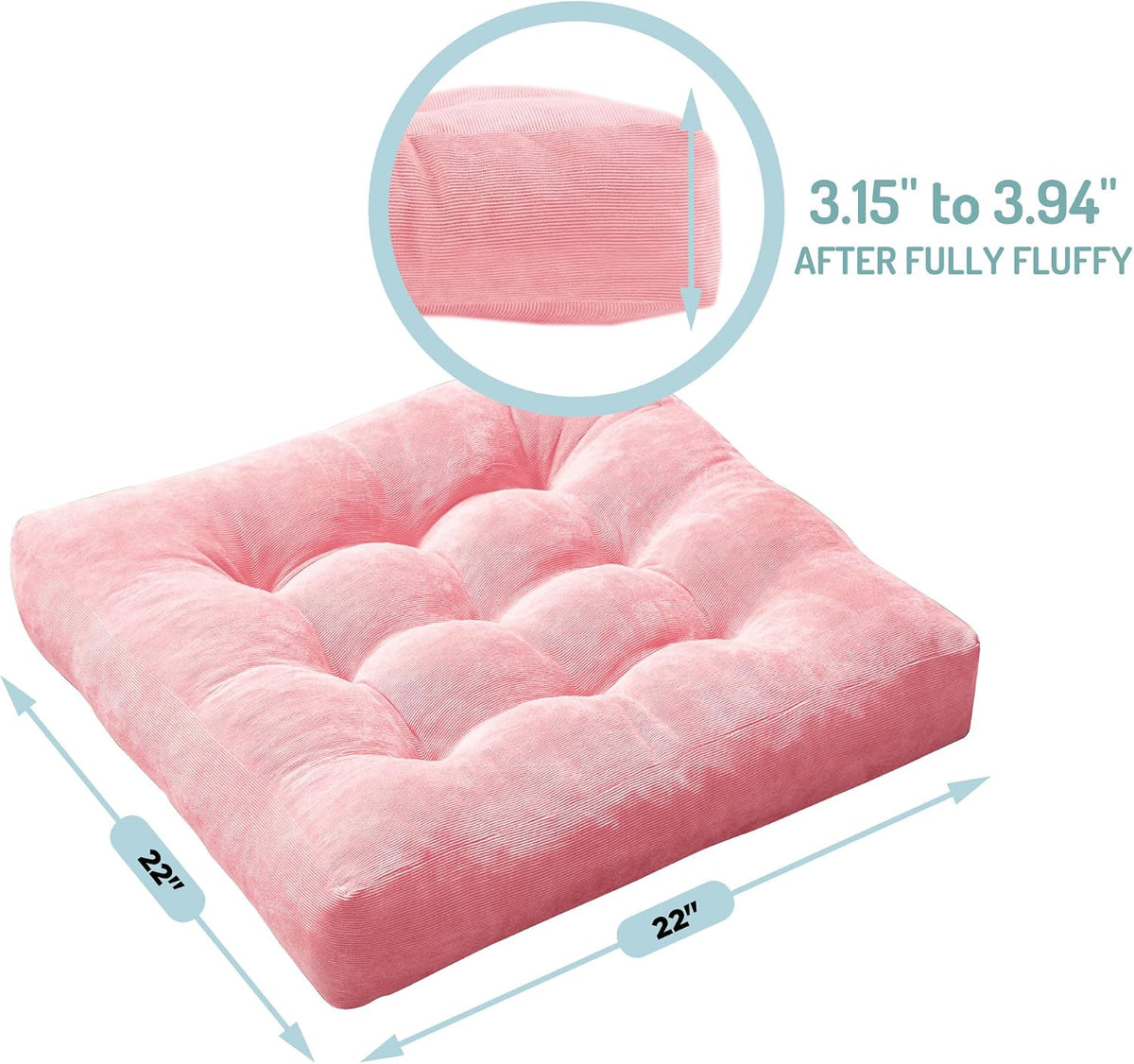 Large Floor Pillows for Adults, Square Meditation Cushion, 22 Inch Pink