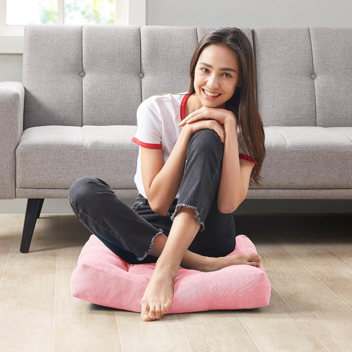 Large Floor Pillows for Adults, Square Meditation Cushion, 22 Inch Pink