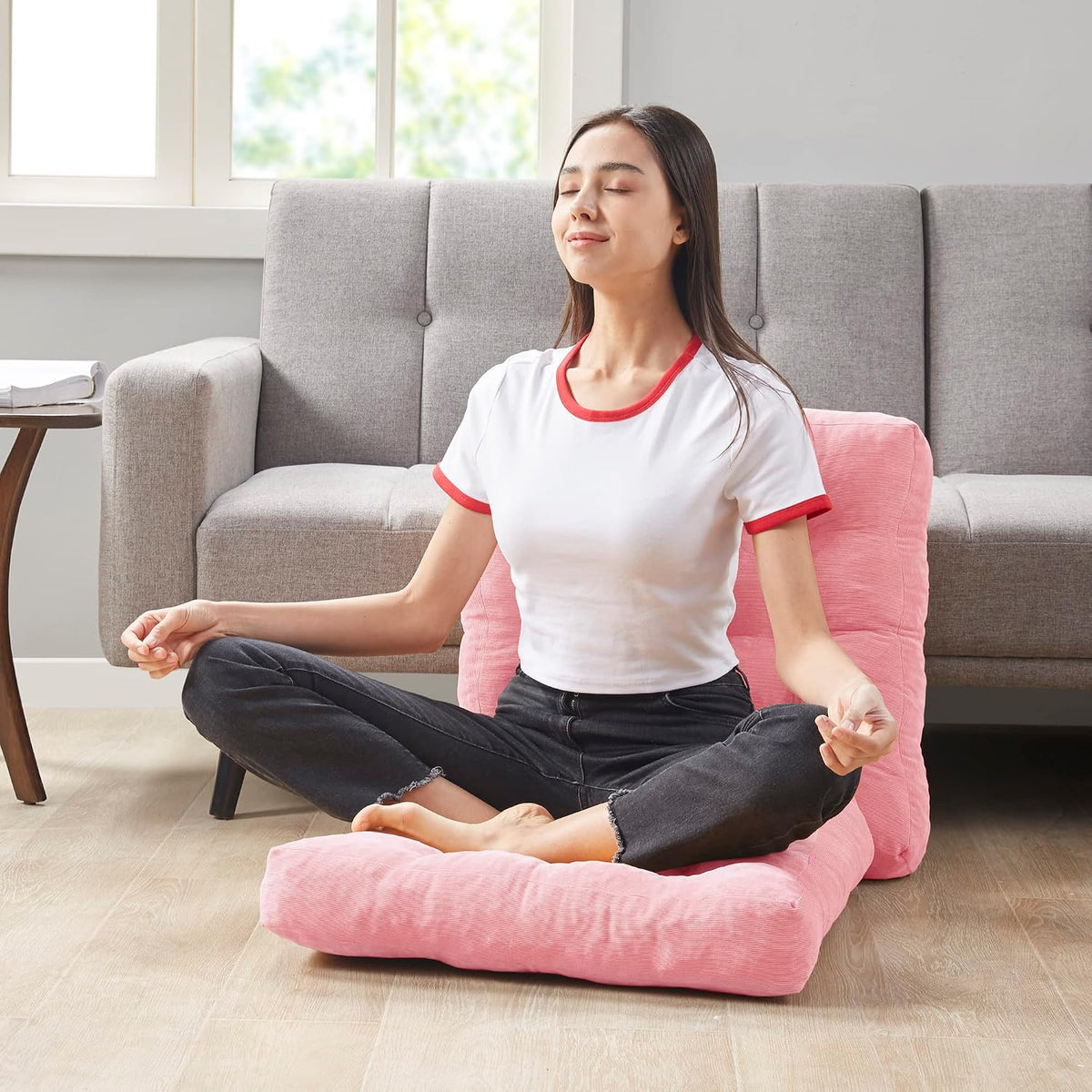 Large Floor Pillows for Adults, Square Meditation Cushion, 22 Inch Pink