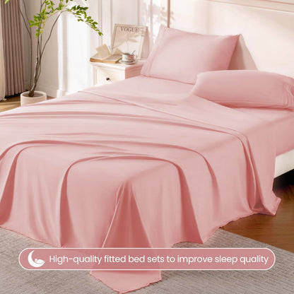 Pink Sheet Set, 4 Pieces Soft Bedding Queen Sheet Set, Breathable and Cooling,Includes 1 Fitted, 1 Flat, 2 Pillow Cases - Deep Pocket(Pink, Queen)