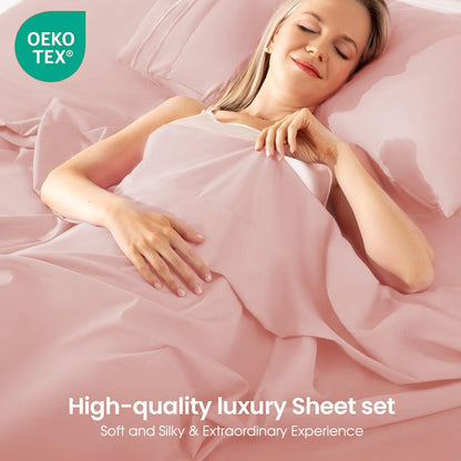 Pink Sheet Set, 4 Pieces Soft Bedding Queen Sheet Set, Breathable and Cooling,Includes 1 Fitted, 1 Flat, 2 Pillow Cases - Deep Pocket(Pink, Queen)