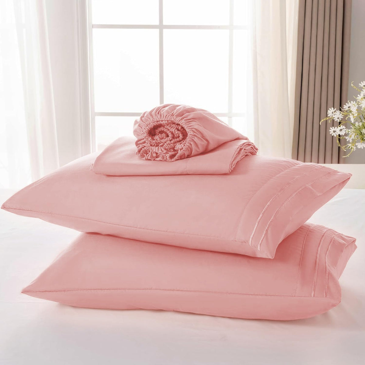Pink Sheet Set, 4 Pieces Soft Bedding Queen Sheet Set, Breathable and Cooling,Includes 1 Fitted, 1 Flat, 2 Pillow Cases - Deep Pocket(Pink, Queen)