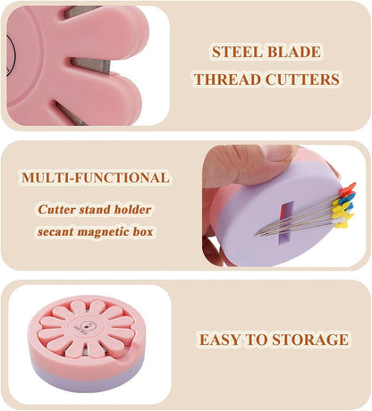 Thread Cutter Tool for Sewing, Flower Thread Cutting with Stand Quilting Supplies for Sewing Tools Magnetic Pins Holder Chain Piecing Blade Not Removable (Pink Case)