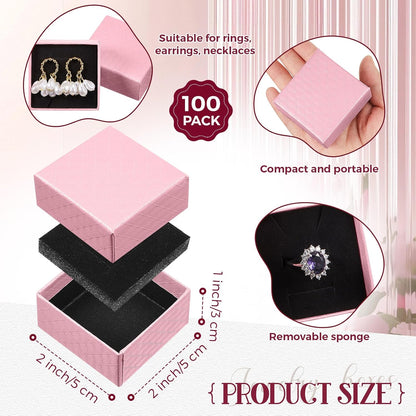 100 Pcs Jewelry Ring Boxes with Velvet Sponge Liner, Pink