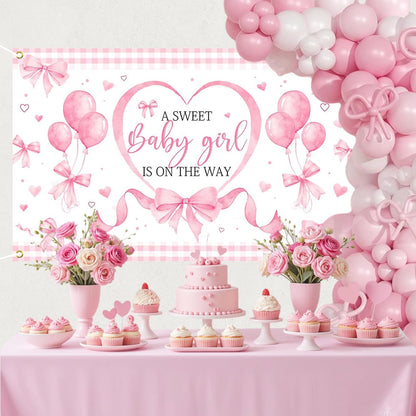 Pink Bow Baby Shower Banner Backdrop for Coquette Theme Baby Decorations, Coquette Baby Girl Baby Shower Party Decorations