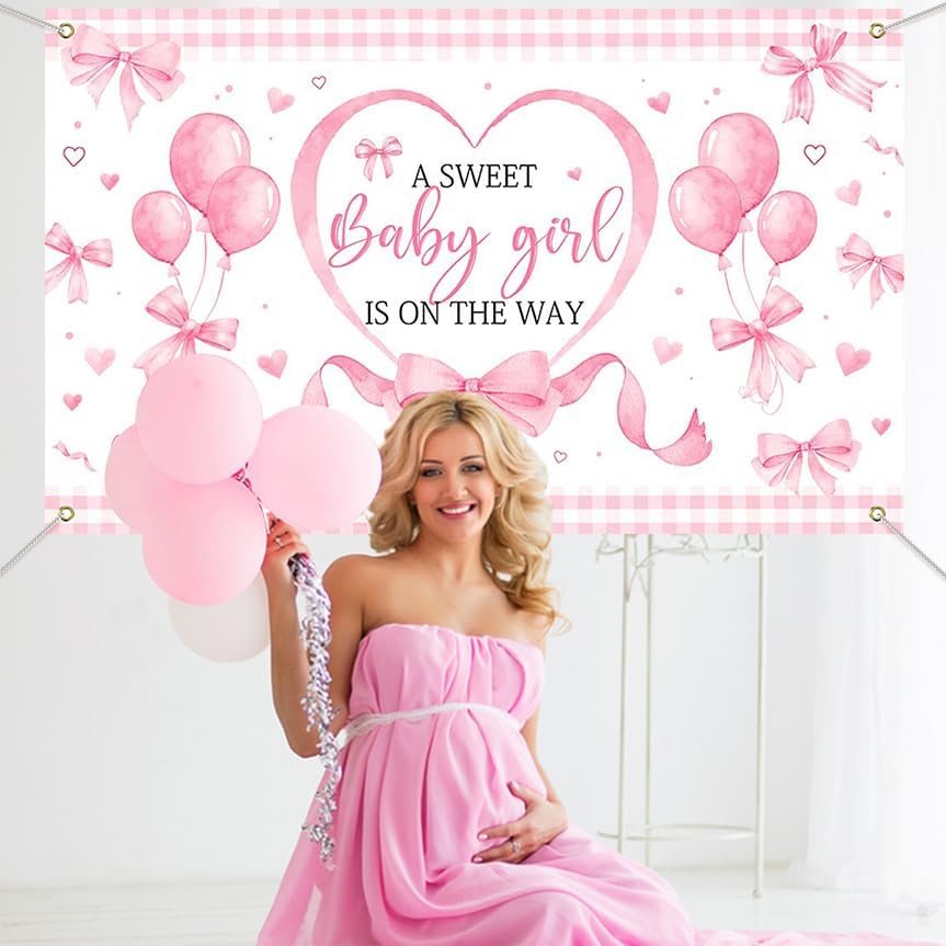 Pink Bow Baby Shower Banner Backdrop for Coquette Theme Baby Decorations, Coquette Baby Girl Baby Shower Party Decorations