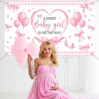 Pink Bow Baby Shower Banner Backdrop for Coquette Theme Baby Decorations, Coquette Baby Girl Baby Shower Party Decorations