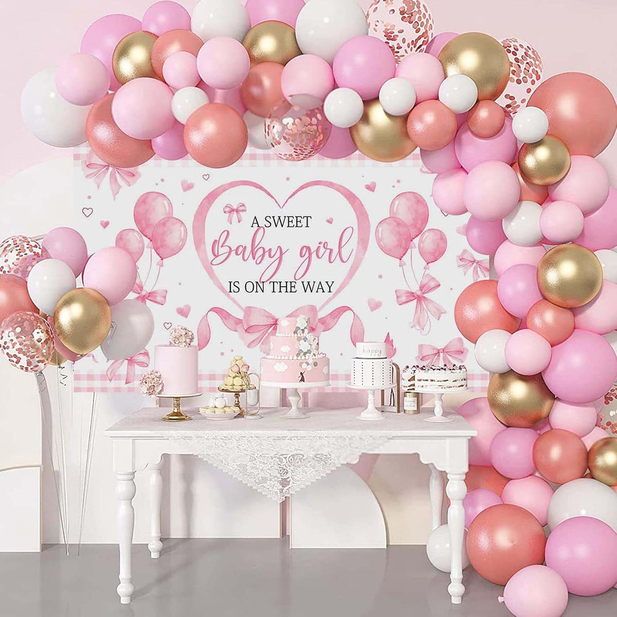 Pink Bow Baby Shower Banner Backdrop for Coquette Theme Baby Decorations, Coquette Baby Girl Baby Shower Party Decorations