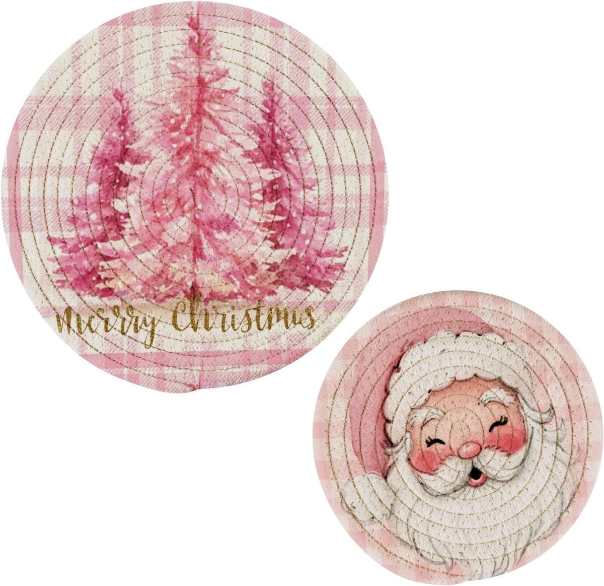 Pink Chrtsmas Tree Trivet Mat 2PCS Hello Winter Snowflake Round Woven Potholders Kitchen Table Countertop Protector Hot Pads Farmhouse