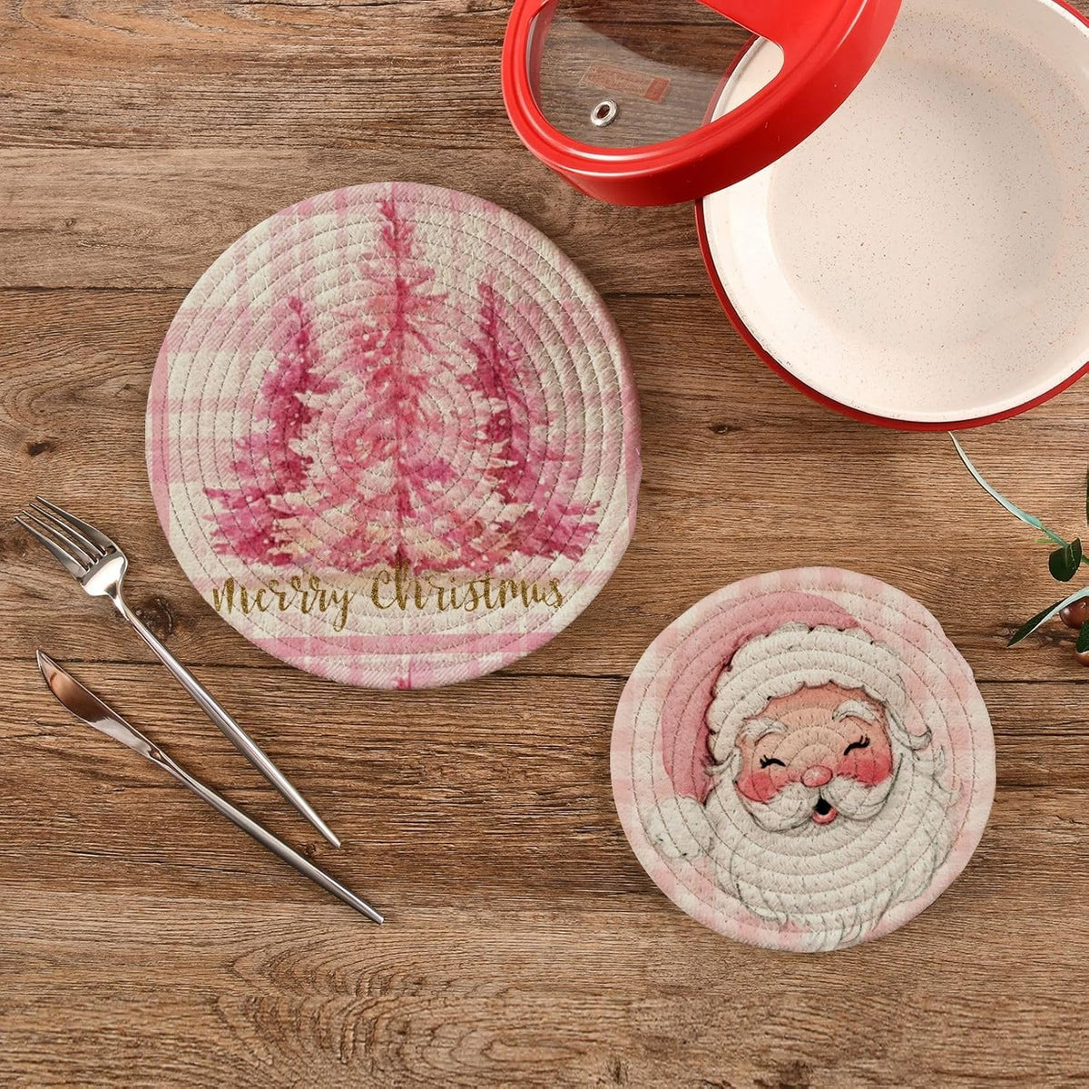Pink Chrtsmas Tree Trivet Mat 2PCS Hello Winter Snowflake Round Woven Potholders Kitchen Table Countertop Protector Hot Pads Farmhouse